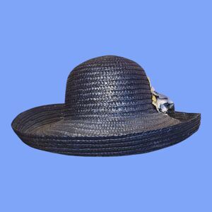 Women's Vintage Summer Straw Hat with Flower Navy Blue